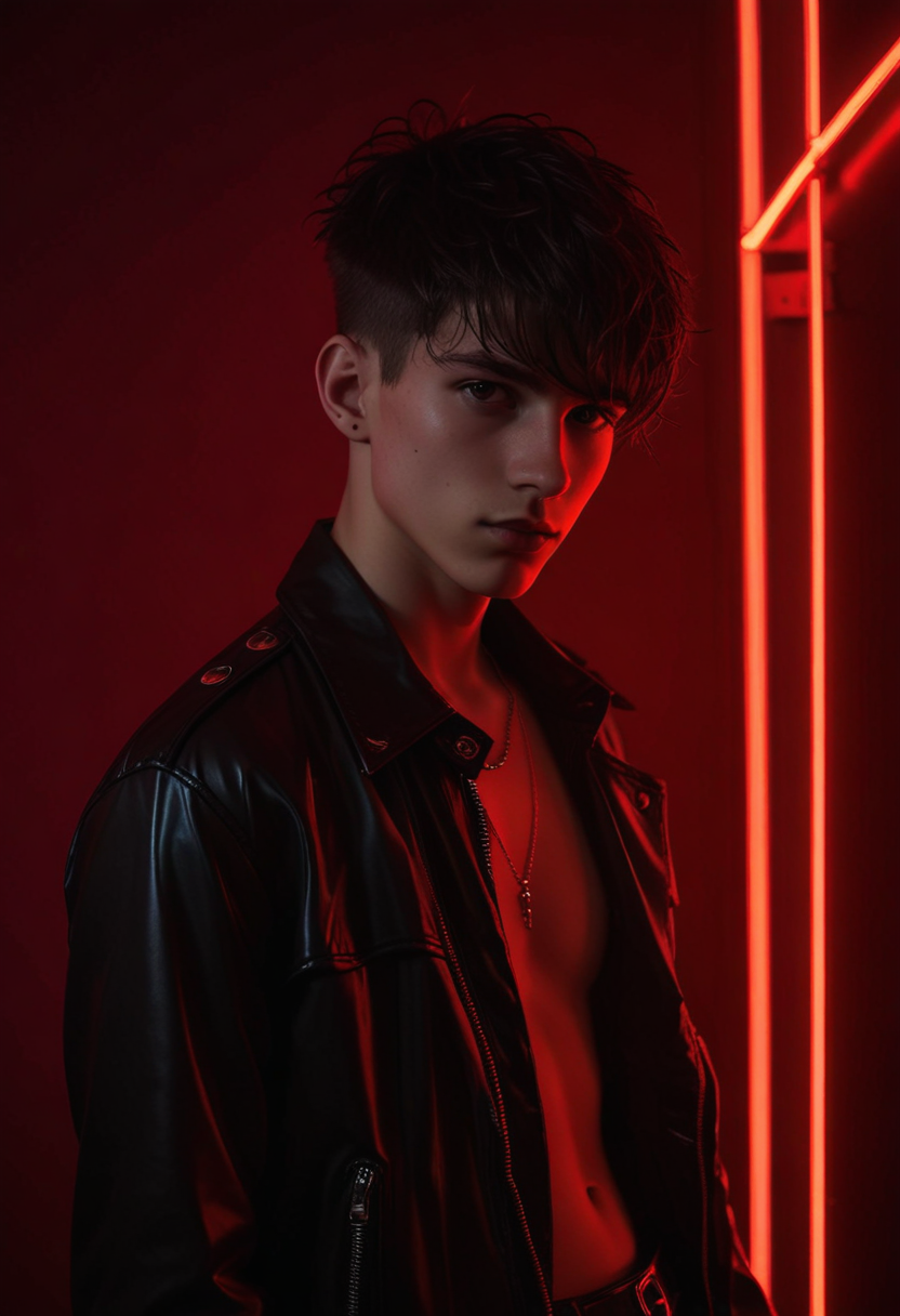 20yo goth twink in front of (Red Neon Light), dark environment, chiaroscuro, <lora:sdxl_lightning_8step_lora:1>