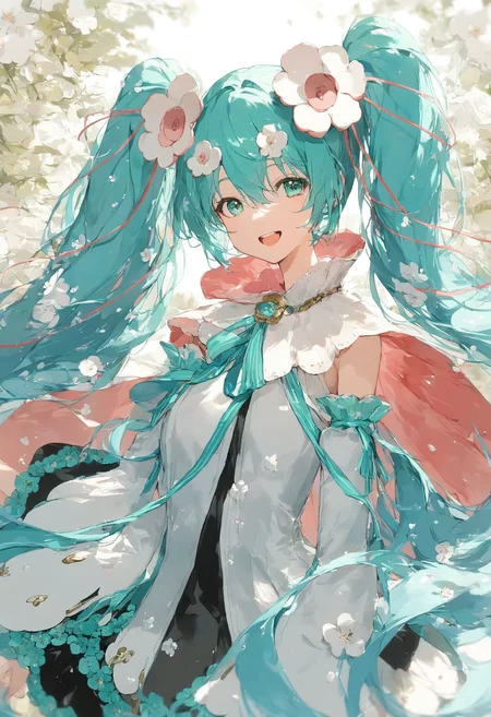 score_9,score_8_up,score_7_up,,source_anime BREAK, upper body , 1girl, solo,looking at viewer,, MHM21, hatsune miku, hair ornament, flower, twintails, magical mirai miku, long hair, detached sleeves, open mouth, aqua hair, smile, very long hair, wide sleeves, medallion, white sleeves, aqua ribbon, aqua eyes, cape, hair between eyes, white flower<lora:ãã¸ã«ã«ãã©ã¤2021:1>