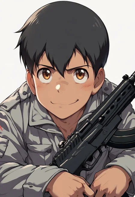 (Morishima_Hodaka) ,score_9, score_8_up, 1boy, flat color, black hair, brown eyes, smirk, clear eyes, head tilt, (navy coat:1.2), showing off, cute, petty short body, dark skin, gun, (mess blowed up hair),