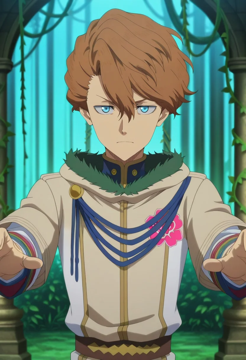 masterpiece, best quality, , anime screencap, anime coloring, official style, looking at viewer, 1boy, solo, male focus, <lora:langris_vaude_ilxl:0.98>, langris_vaude, brown hair, blue eyes, short hair, hair between eyes, , deep jungle, hanging vines, glowing flora, ancient statues, exploring pose, cautious expression, green mist, ,