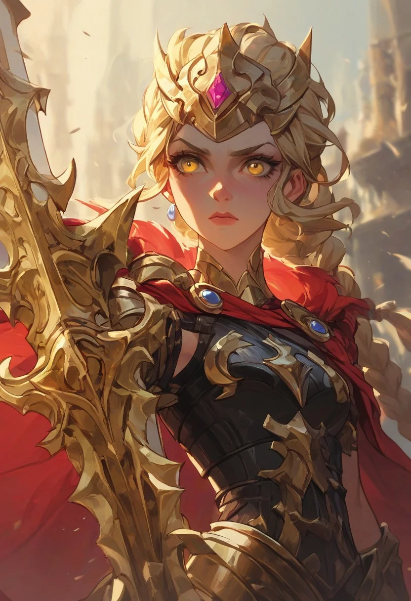 score_9, score_8_up, score_7_up, score_6_up, score_5_up, score_4_up,
paladin lady holding glowing sword, blonde hair, braid, ornate golden armor, ornate pauldrons, black corset, glowing yellow eyes, red cape, upper body, face focus