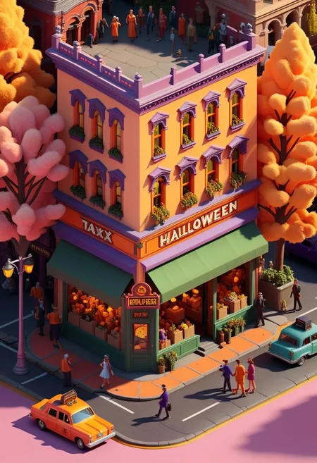 ispzxll, diorama, isometric, miniature, vintage busy street corner scene, halloween, costumes, golden hour, pink orange purple long shadows, volumetric lighting style, pedestrian crowds, parked cars, traffic light, storefronts, taxi cab, trash can, massive trees, epic architecture, intricate details, potted plants, ultra-detailed, 8k, fluffy clouds and setting sun in background