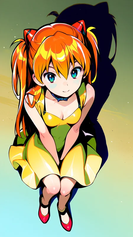 ,
1girl,souryuu asuka langley,yellow dress,dress,solo,shadow,long hair,blue eyes,breasts,gradient,orange hair,gradient background,smile,choker,sitting,shoes,bangs,full body,cleavage,looking at viewer,small breasts,bare shoulders,from above,two side up,yellow background,v arms,light smile,sleeveless,hair ornament,closed mouth,sleeveless dress,traditional media<lora:anono_XL:1.5>