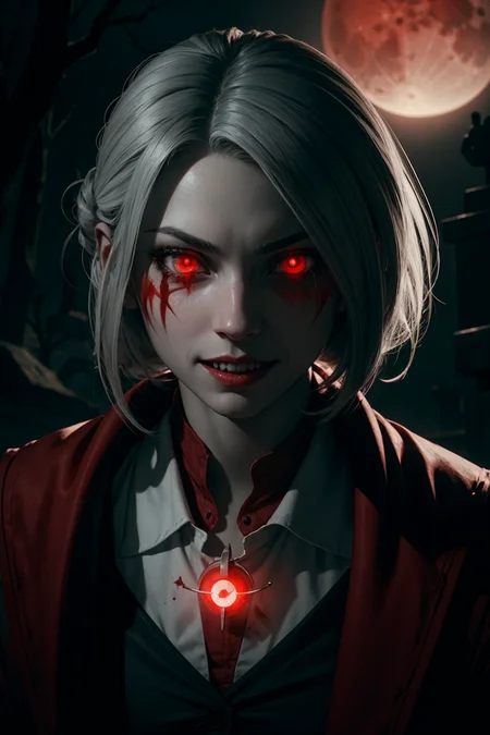 scary vampire nurse. blood moon. volumetric light. pointy teeth. bloody face. overalldetail-detail_++_-_overall_detail
