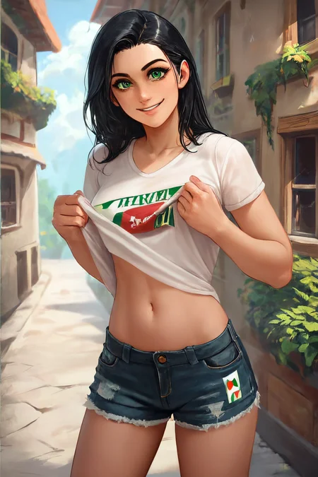 score_9, score_8_up, score_7_up, rating_safe, a irresistible Italian woman with black hair standing in Italian village, ideal cute face, ideal slim body, looking at viewer, sexy smile, big green eyes, wearing shirt and shorts, flashing belly, lifting shirt, holding shirt, navel, <lora:Smooth Style 2 SDXL_LoRA_Pony Diffusion V6 XL:0.6>, <lora:add-detail-xl:1>, <lora:BT_Flashing_Belly_Pony:0.6>