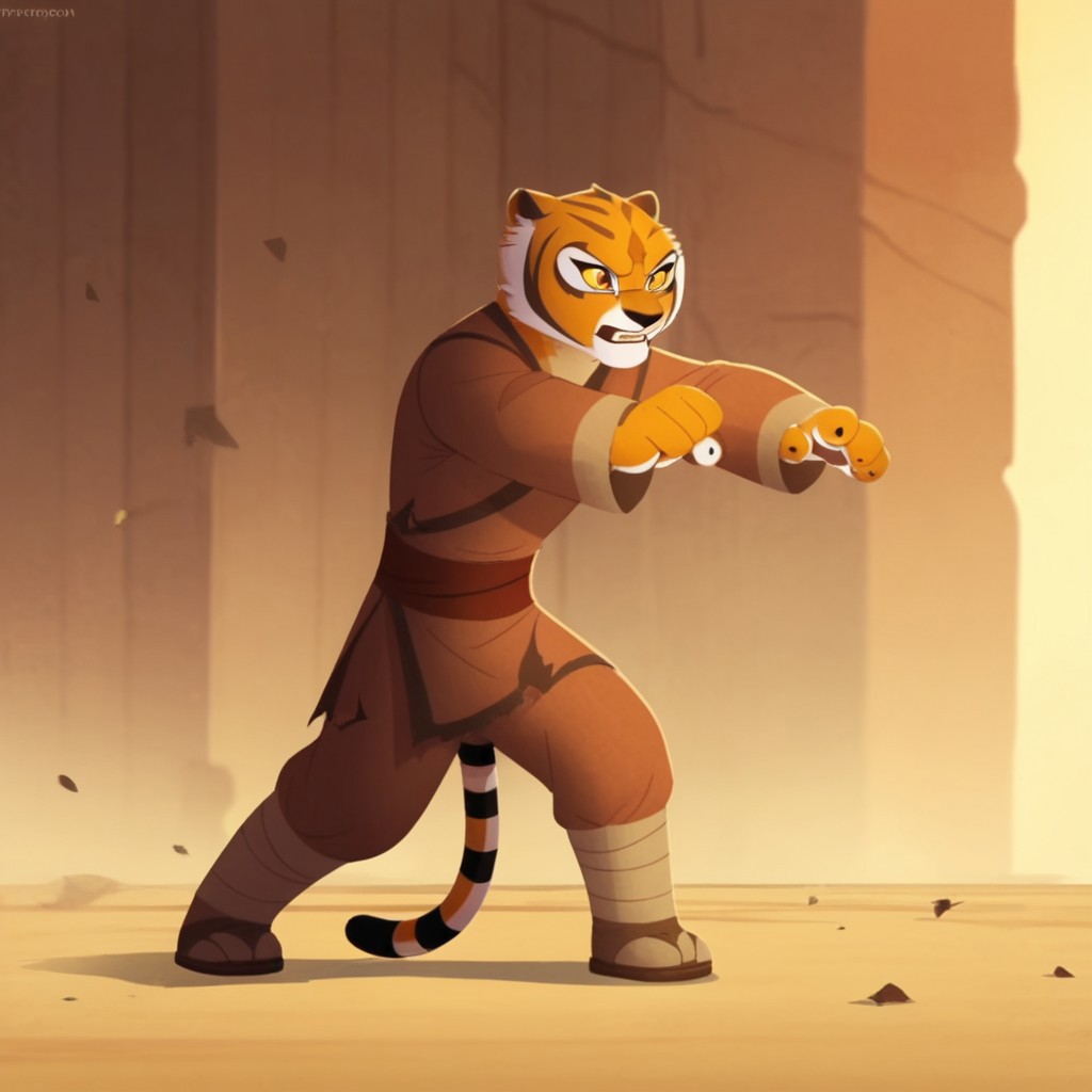 score_9, score_8_up, score_7_up, score_6_up, score_5_up, score_4_up, source_furry, tigresskfpv2, anthro, female, tiger, orange fur,  barefoot,  outside,  solo, 1girl, yellow sclera, orange eyes, brown shirt, long sleeves, colored sclera, leg wraps, sandals, fighting stance, torn sleeve, torn clothes, holes in clothes