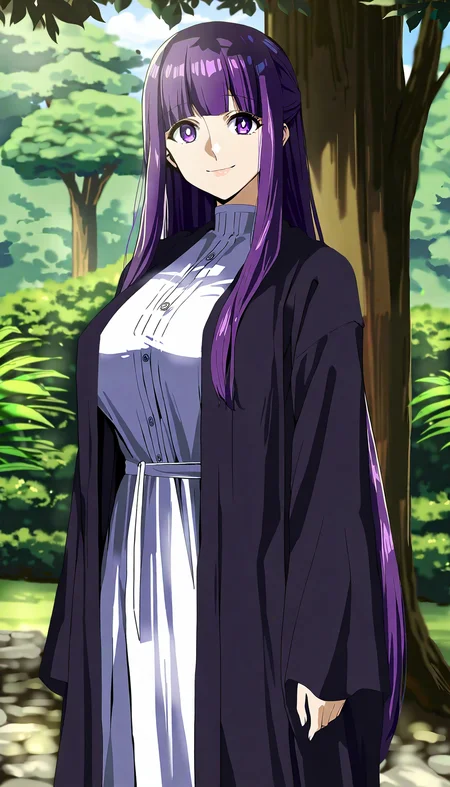 1girl,madhouse-Animestyle,<lora:MadHouseXL-Anime_Style-000006:1>,fern \(sousou no frieren\),sousou no frieren,looking at viewer,standing,smile,portrait,large breasts,solo,purple hair,purple eyes,long hair,(black robe:1.1),white dress,open robe,outdoors,day,tree,Masterpiece,best quality,