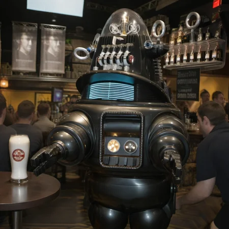 cinematic photo a robot having a beer in a pub (((text ''Boston Dynamics''))) <lora:Robby1024:0.8> . 35mm photograph, film, bokeh, professional, 4k, highly detailed