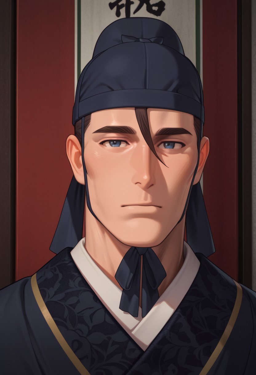 masterpiece, best quality, amazing quality, absurdres, newest, detailed background, definition so sharp, Ultra-HD, 8K cinematic, very awa, impressionate, amazing quality, highres, 
solo, male focus, manly, mature male, bara, 
gaoshun, gaoshun_brown hair, gaoshun_blue eyes, 1boy, solo, male focus,short hair, cheekbones, man bun, blue cap, gaoushun_party kimono, dark blue hanfu, white kimono, looking at viewer