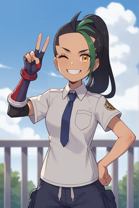 score_9, score_8_up, score_7_up, score_6_up, score_5_up, score_4_up, BREAK source_anime, 1girl, solo,
<lora:PokemonNemonaXL-v1-06:0.7>, ChopioNemona, black hair, green hair, streaked hair, ponytail, long hair, eyelashes, orange eyes, freckles, looking at viewer,
outfit_2, grey shirt, collared shirt, dark blue necktie, short sleeves, breast pocket, red elbow glove, fingerless glove, single elbow glove, dark blue shorts, legwear under shorts, black leggings,
school, outdoors, standing, railing, smile, sunny, one eye closed, teeth, blue sky, cloud, hand on hip, peace sign,