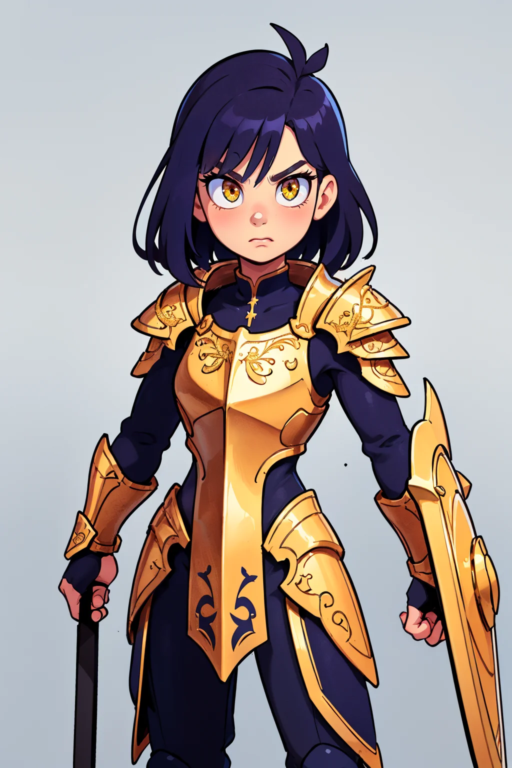 an illustration of a female paladin adorned in holy armor, wielding a holy shield, closed mouth, spiked armor, gold trim, standing, intricate background, ((closed mouth)), electr
masterpiece, best quality, intricate detail, high background detail, high contrast, <lora:emotion_angry_slider_v1:1> raytracing, <lora:backlight_slider_v10:1> <lora:contrast_slider_v10:2>