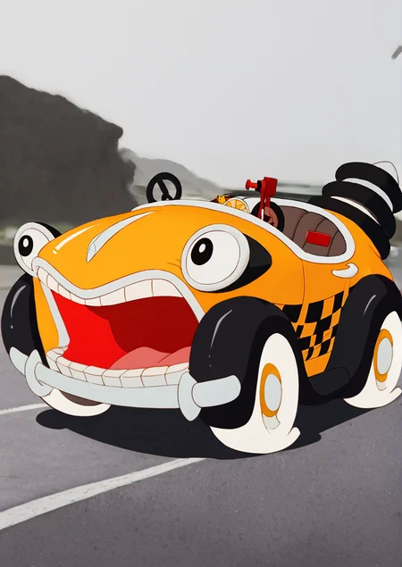 score_9, score_8_up, score_7_up, illustration, source_manga, rating_safe, r3tr0XLP ,<lora:r3tr0XLP:0.7>, b3NnyC4b, benny, cartoon car, cartoon taxi, large eyes, headlight eyes, grill mouth, yellow cab, steering wheel, checkered pattern, white tires, flat tires, mouth open, teeth, happy expression, no driver, <lora:Benny_The_Cab_-_Who_Framed_Roger_Rabbit_1988_-_Pony:0.8>, break,  (at the beach:1.2)