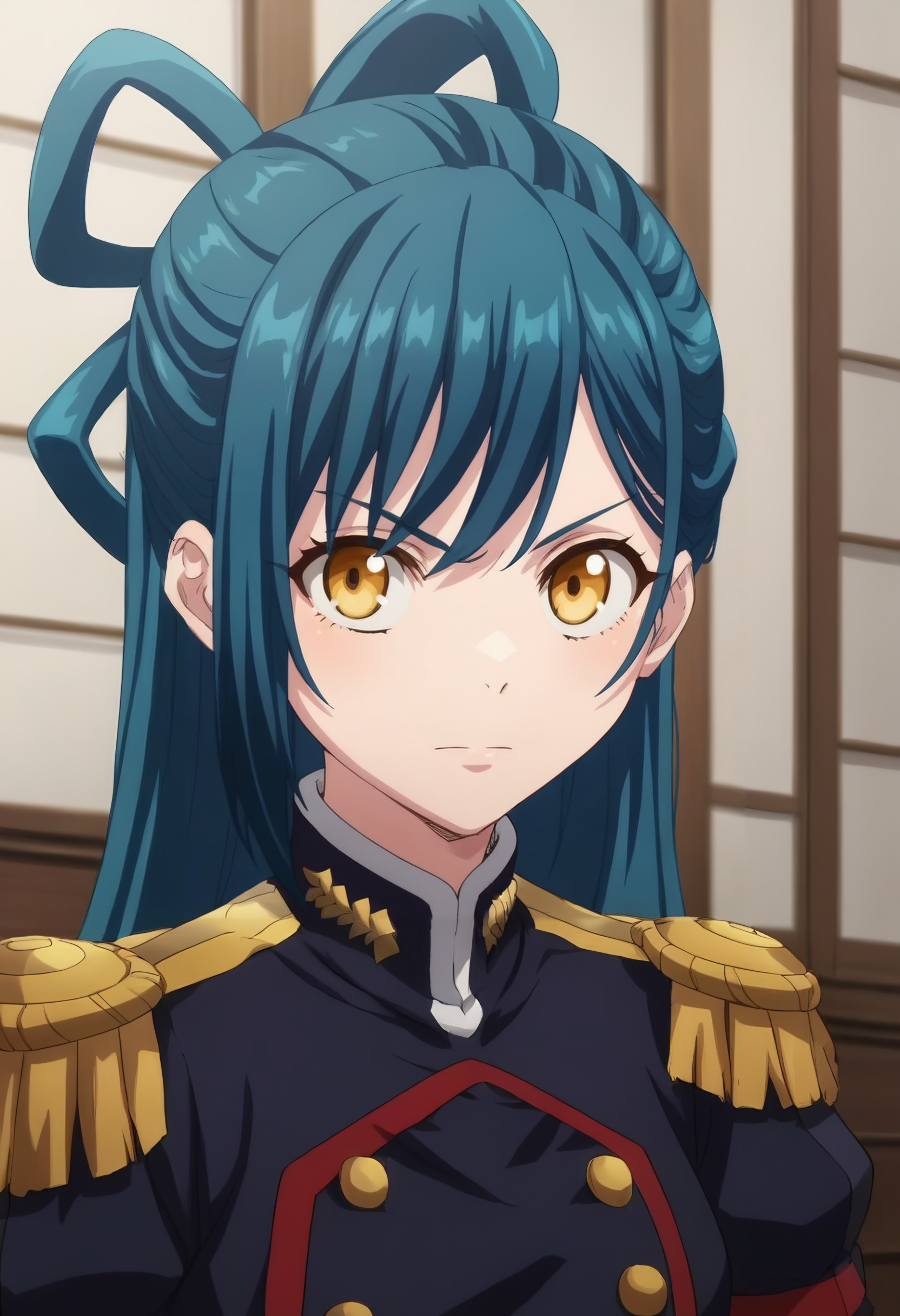 score_9, score_8_up, score_7_up, score_6_up, score_5_up, score_4_up,  BREAK source_anime, himari azuma, long_hair, yellow_eyes, blue_hair, 1girl, solo, , bangs, , epaulettes, uniform, military_uniform, looking at viewer,  <lora:Himari AzumaX2:1>