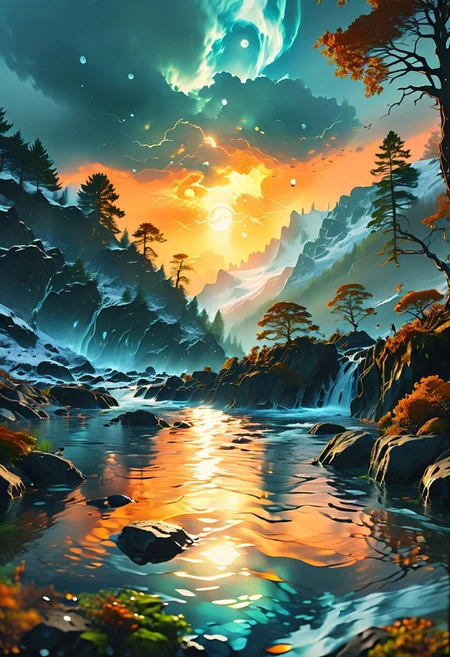 (ultra high res:1.4), (masterpiece), (beautiful lighting:1.4) ,Scottish greenery, Scottish river, icy water water, forest, Scottish Highlands, sunlight illuminates the icy water, (deep underwater), anime, half above water and half below water , (clear underwater), night sky, bright moon, lightning, depth, GhostlyStyle