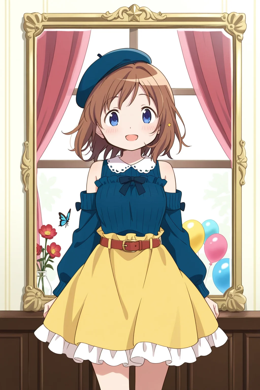 <lora:PuellaMagi:1>, PuellaMagi, 1girl, solo, smile, skirt, sweater, blush, hat, mirror, indoors, bow, window, looking at viewer, flower, butterfly, curtains, beret, yellow skirt, bare shoulders, open mouth, tilted headwear, :d, blue sweater, long sleeves, red flower, blue headwear, balloon, belt, shirt, detached sleeves, star \(symbol\), frills, frilled skirt, belt buckle, blue shirt
