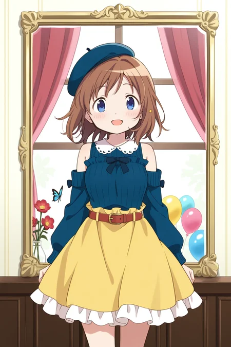 <lora:PuellaMagi:1>, PuellaMagi, 1girl, solo, smile, skirt, sweater, blush, hat, mirror, indoors, bow, window, looking at viewer, flower, butterfly, curtains, beret, yellow skirt, bare shoulders, open mouth, tilted headwear, :d, blue sweater, long sleeves, red flower, blue headwear, balloon, belt, shirt, detached sleeves, star \(symbol\), frills, frilled skirt, belt buckle, blue shirt