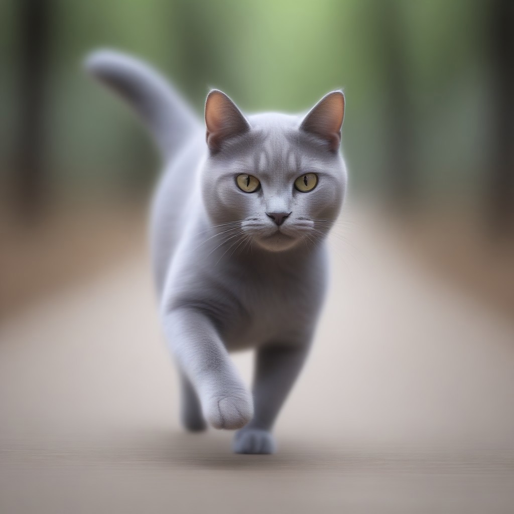 blur speed, active scene, At a street milk market, a gray cat (running pose), running in the forest