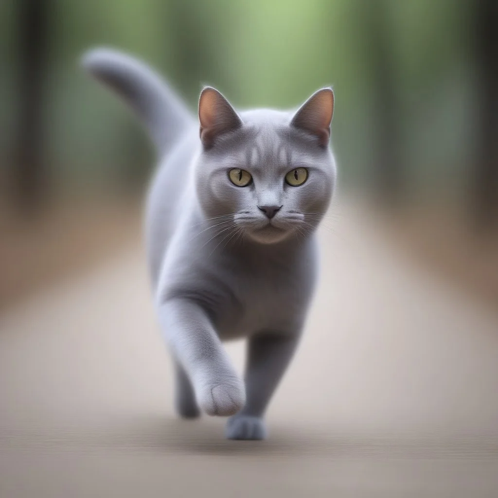 blur speed, active scene, At a street milk market, a gray cat (running pose), running in the forest