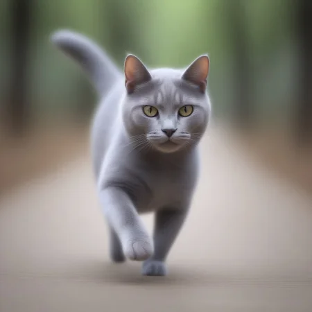 blur speed, active scene, At a street milk market, a gray cat (running pose), running in the forest