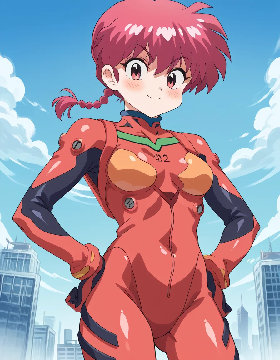 score_9, score_8_up, score_7_up, source_anime, <lora:ranma-saotome-leak-ponyxl-lora-nochekaiser:1>, ranma saotome, braid, red hair, single braid, braided ponytail, red eyes,, <lora:souryuu-asuka-langley-cosplay-ponyxl-lora-nochekaiser:1>, souryuuasukalangleycosplay, souryuu asuka langley (cosplay), bodysuit, pilot suit, plugsuit, red bodysuit, interface headset,, cityscape, smile, blush, hands on hips,, , cowboy shot, dutch angle