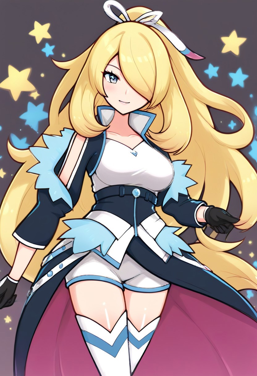 2d, masterpiece, best quality, amazing quality, 1girl, solo, close-up, standing, smile, upper body, cowboy shot, looking at viewer, simple background, colorful background, hearts, stars, auracynthia, ex colors, grey eyes, blonde hair, very long hair, ponytail, white hair ribbon, hair over one eye, collarbone, black jacket, shoulder cutout, black gloves, white shirt, black belt, white shorts, showgirl skirt, black skirt, blue lining, thigh boots, high heels boots, white footwear, score_9, score_8_up, score_7_up,source_anime