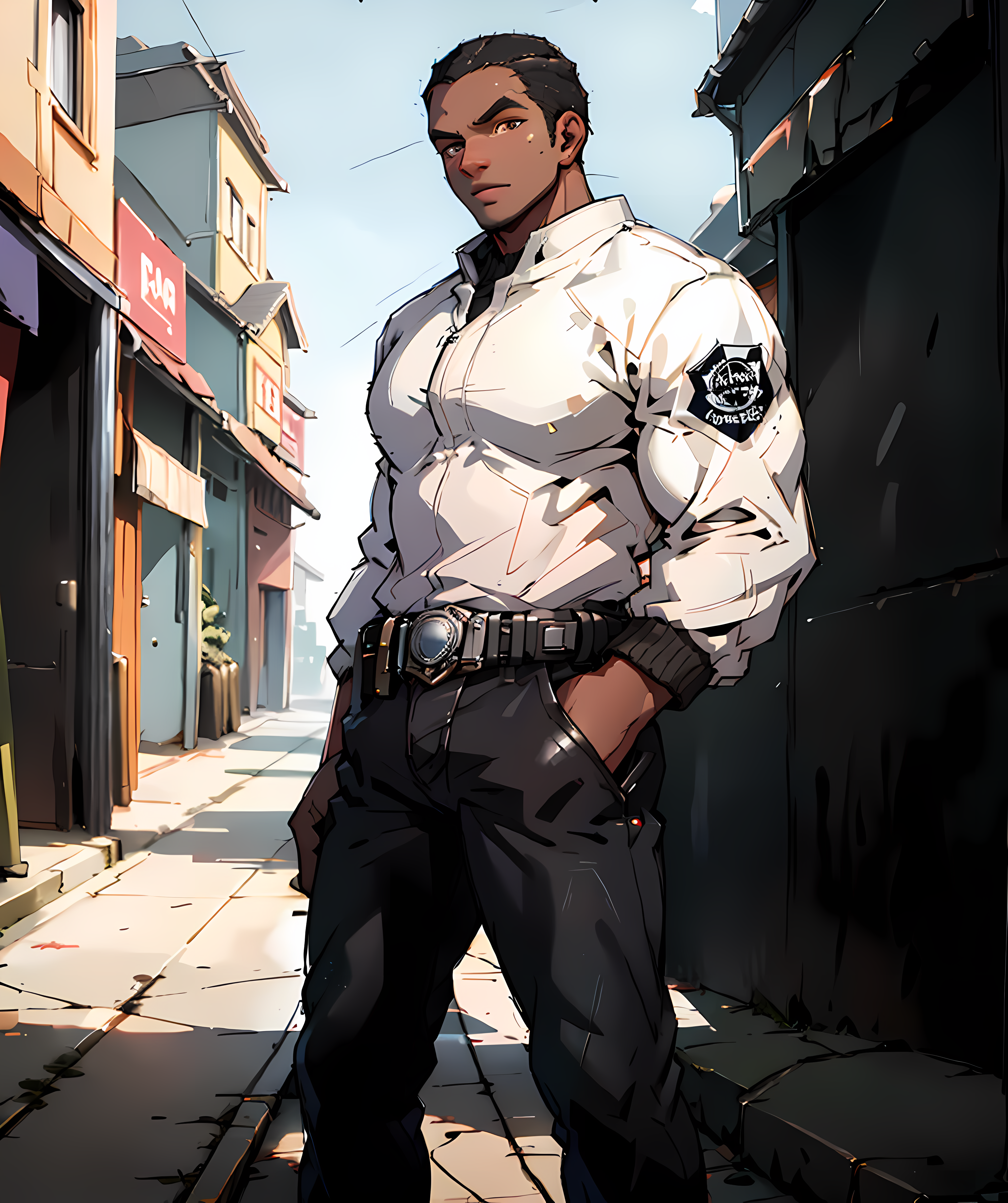 cole_train, white jacket, black jeans, dark skin, standing, outdoor, winter, town <lora:Augustus_Cole:0.85>