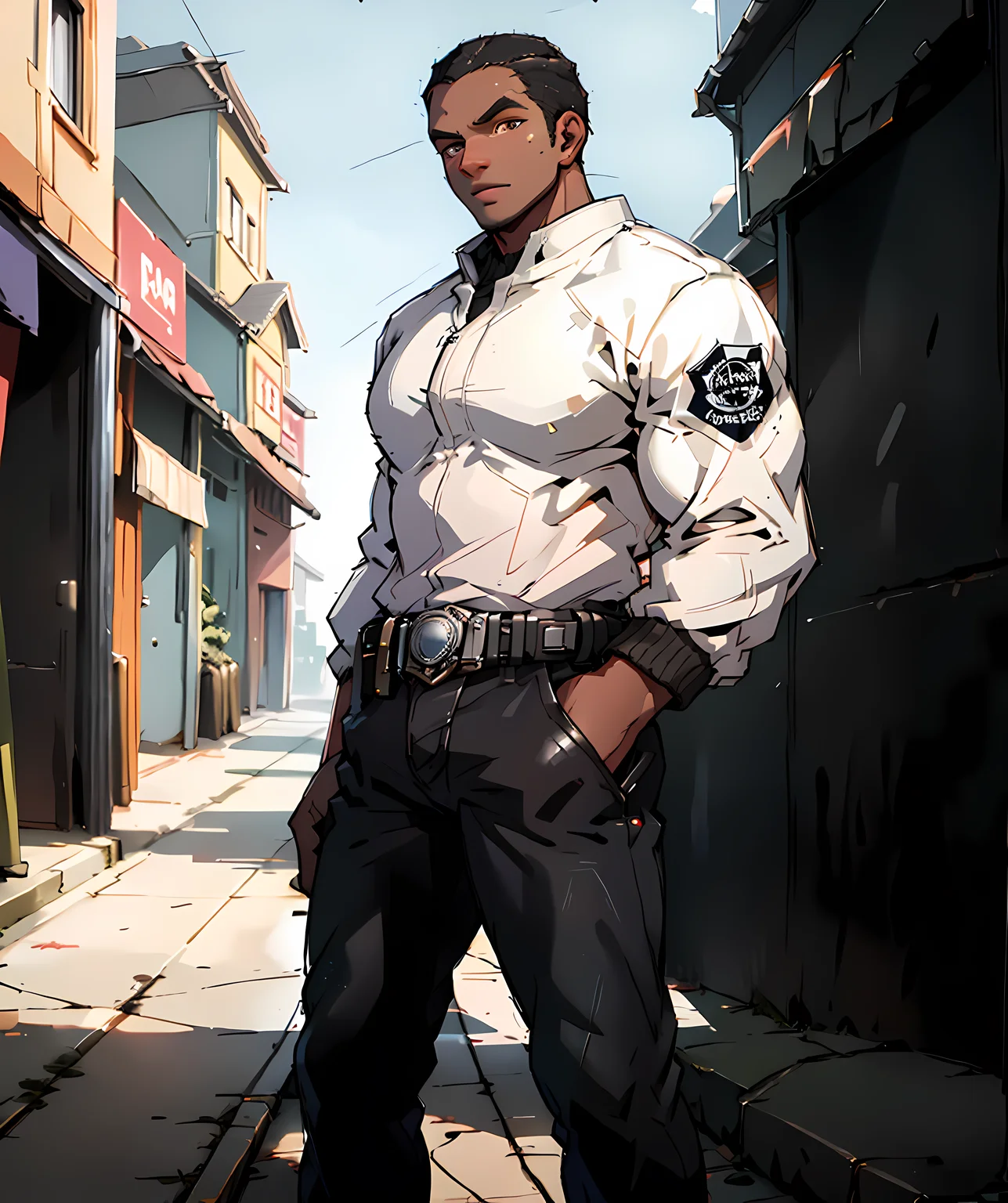 cole_train, white jacket, black jeans, dark skin, standing, outdoor, winter, town <lora:Augustus_Cole:0.85>