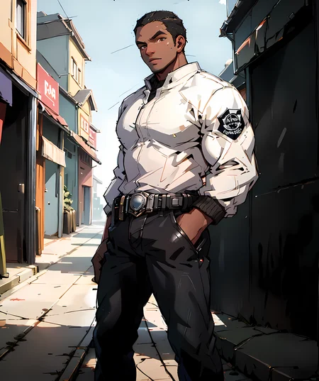 cole_train, white jacket, black jeans, dark skin, standing, outdoor, winter, town <lora:Augustus_Cole:0.85>