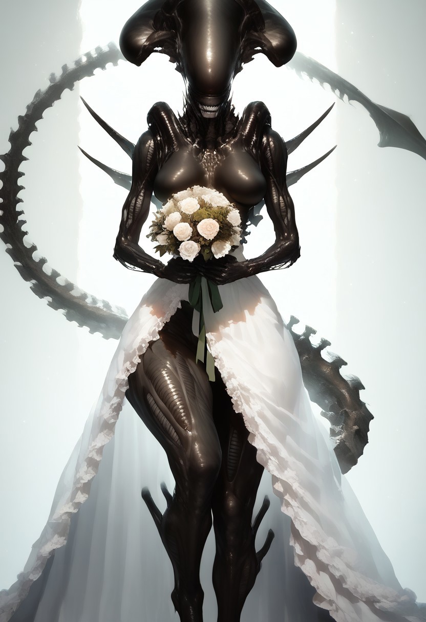 Score_9, score_8_up, score_7_up, score_6_up, score_5_ female xenomorph, black body, shiny body, detailed image, detailed background, long tail, small breasts, svelte body, tall, thick thighs, realistic, cute face, dim lighting, altar, wedding dress, long dress, small cleavage, silver teeth, silver claws, black body, digitegrate legs, knee up shot, standing, holding bouquet, covered breasts