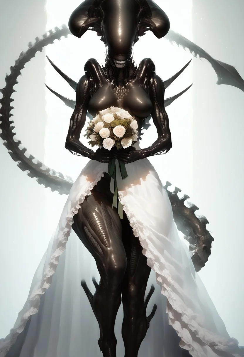 Score_9, score_8_up, score_7_up, score_6_up, score_5_ female xenomorph, black body, shiny body, detailed image, detailed background, long tail, small breasts, svelte body, tall, thick thighs, realistic, cute face, dim lighting, altar, wedding dress, long dress, small cleavage, silver teeth, silver claws, black body, digitegrate legs, knee up shot, standing, holding bouquet, covered breasts