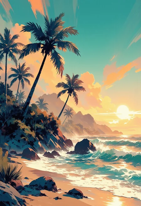 Mh1$AgThS2, intricate linework with expressive contrasts, soft lighting with dynamic highlights, a deserted small secluded tropical beach, with azure blue waters, palm trees, sunset, In the style of ff-td, no humans