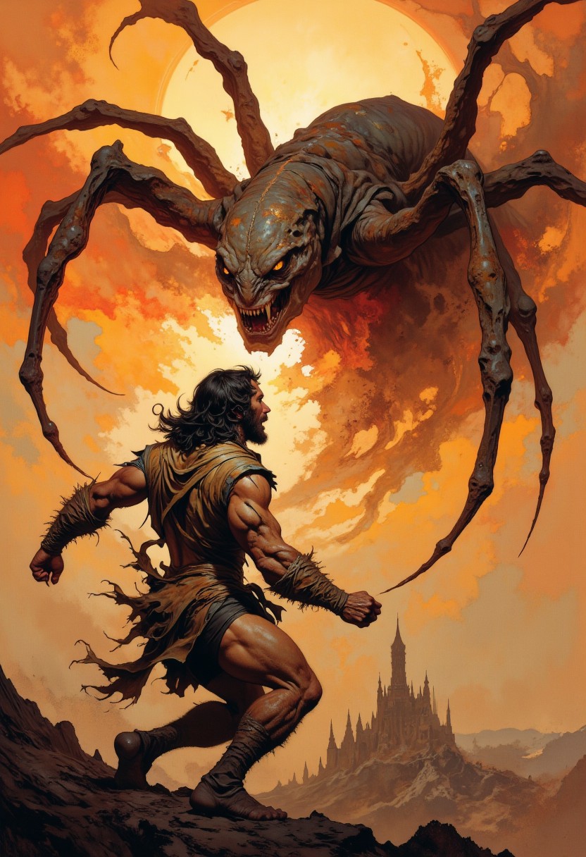 score_9, score_8_up, score_7_up, 8k high quality digital painting, masterpiece, very detailed, ultra realistic, (best quality) very detailed epic masterpiece, boris vallejo style, frank frazetta style, realistic oil painting, retro artstyle, full body, side view, backlight, we see a primeval muscular cave-man in fur clothing fighting a big spider-like monster, sundown, the setting sun casts long shadows, backlight, action movement, screamingfairytale-like, realistic detailed oil painting style Rembrandt style, Vermeer style, heroic fantasy, realistic, realism, full body