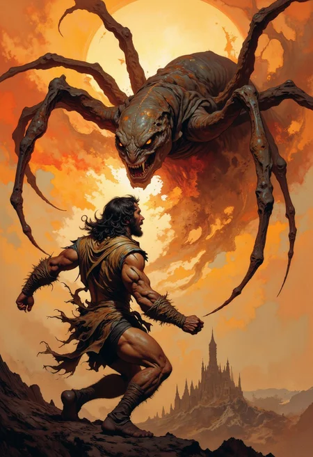 score_9, score_8_up, score_7_up, 8k high quality digital painting, masterpiece, very detailed, ultra realistic, (best quality) very detailed epic masterpiece, boris vallejo style, frank frazetta style, realistic oil painting, retro artstyle, full body, side view, backlight, we see a primeval muscular cave-man in fur clothing fighting a big spider-like monster, sundown, the setting sun casts long shadows, backlight, action movement, screamingfairytale-like, realistic detailed oil painting style Rembrandt style, Vermeer style, heroic fantasy, realistic, realism, full body
