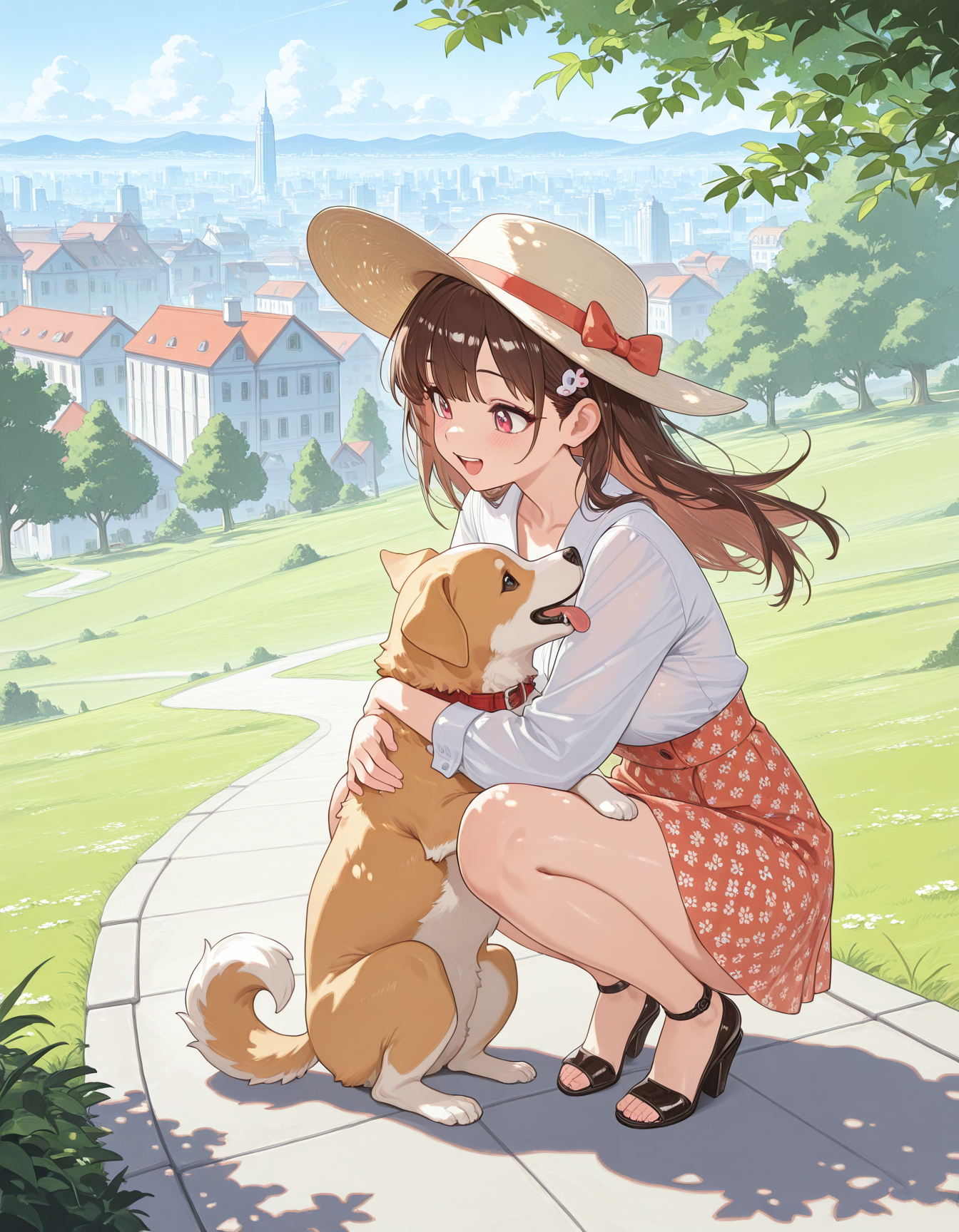 masterpiece,best quality,amazing quality,very aesthetic,high resolution,ultra detailed,perfect details,<lora:mai_da_style:2>,mai_da_style,
1girl,hat,squatting,hugging a dog,happy,playing,on the hill,city in the background,dappled sunlight,wind,dense leave pattern,
traditional illustration,watercolor,arcylic,