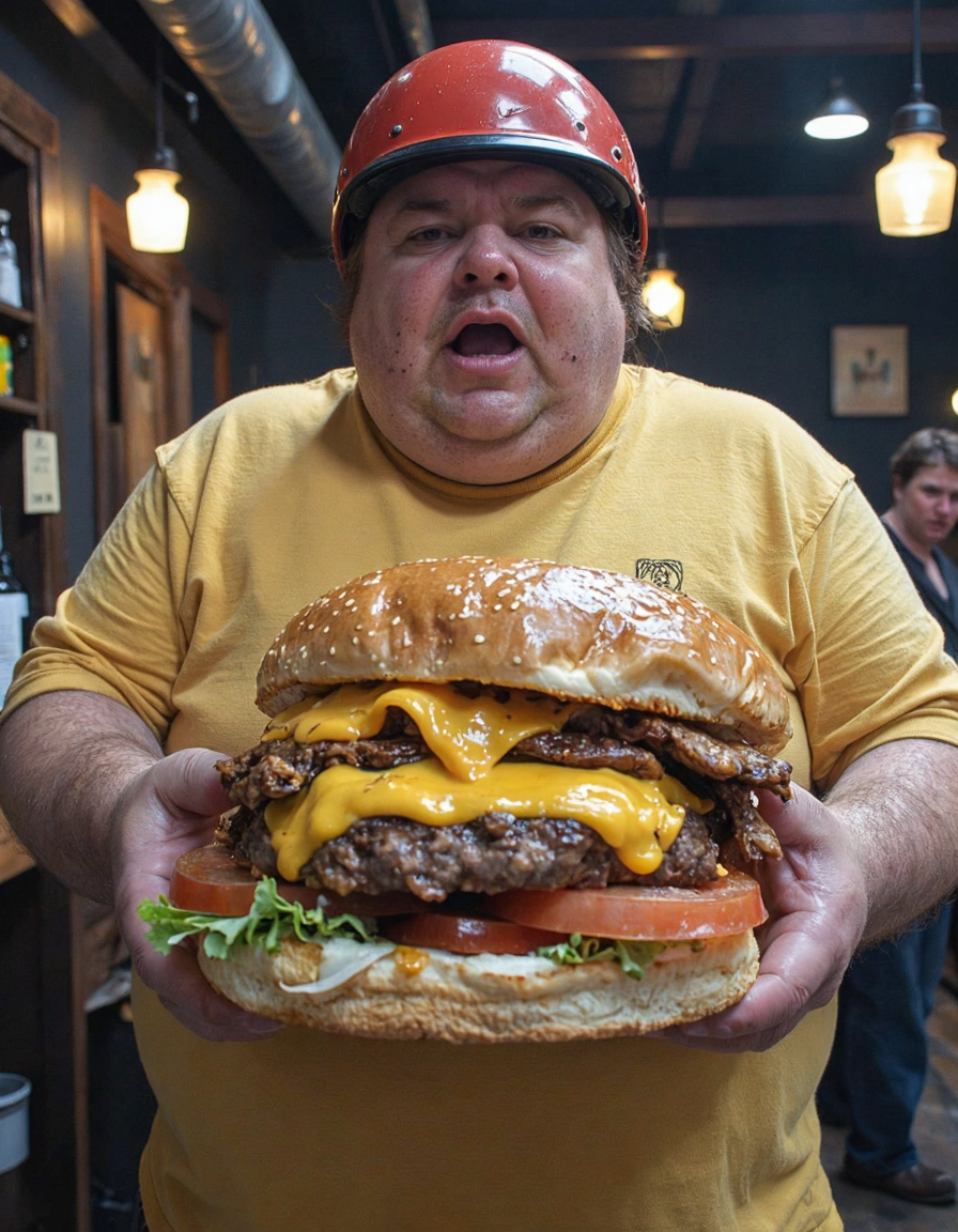 A photograph of an obese man  in a tavern holding a massive cheeseburger. The cheeseburger is larger than he is, it is absolutely gigantic. the man wears a yellow shirt and a red half-helmet, with a look of excitement as he grabs into this massive burger.