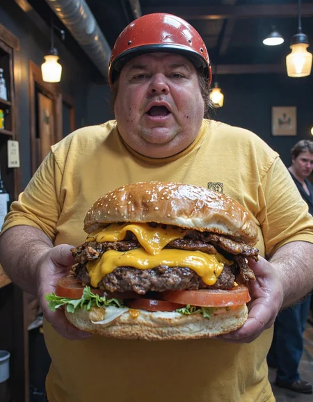 A photograph of an obese man in a tavern holding a massive cheeseburger. The cheeseburger is larger than he is, it is absolutely gigantic. the man wears a yellow shirt and a red half-helmet, with a look of excitement as he grabs into this massive burger.