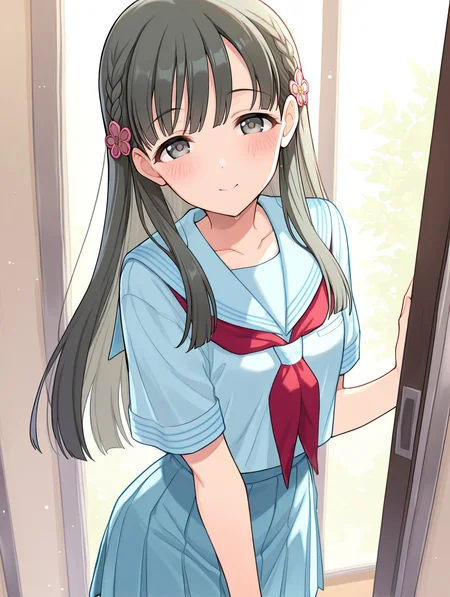 masterpiece,best quality,very aesthetic,absurdres,highres,newest,
1girl,solo,
kbykwse school,kobayakawa sae,bangs,blue skirt,blunt bangs,collarbone,flower,
grey eyes,black hair,
hair ornament,highres,long hair,
neckerchief,pleated skirt,sailor collar,school uniform,serafuku,shirt,short sleeves,skirt,white shirt,
blue sailor collar,blue serafuku,blue shirt,blush,red neckerchief,
eyebrows visible through hair,braid,
flower,hair flower,hair ornament,highres,
bangs,blunt bangs,bow,
<lora:idolmaster_kobayakawa_sae_ill_v1.0:1>,