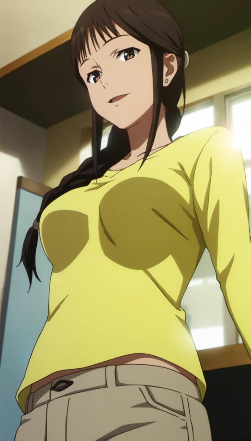 score_9,score_8_up,score_7_up,
<lora:MisatoSegawa:1>,
misato segawa,
1girl,solo,black hair,bangs,braid,
brown eyes,looking at viewer,smile,parted lips,
yellow t-shirt,long sleeves,beige pants,
upper body, from below,
blurry background,bloom,lens flare,indoors,workspace,