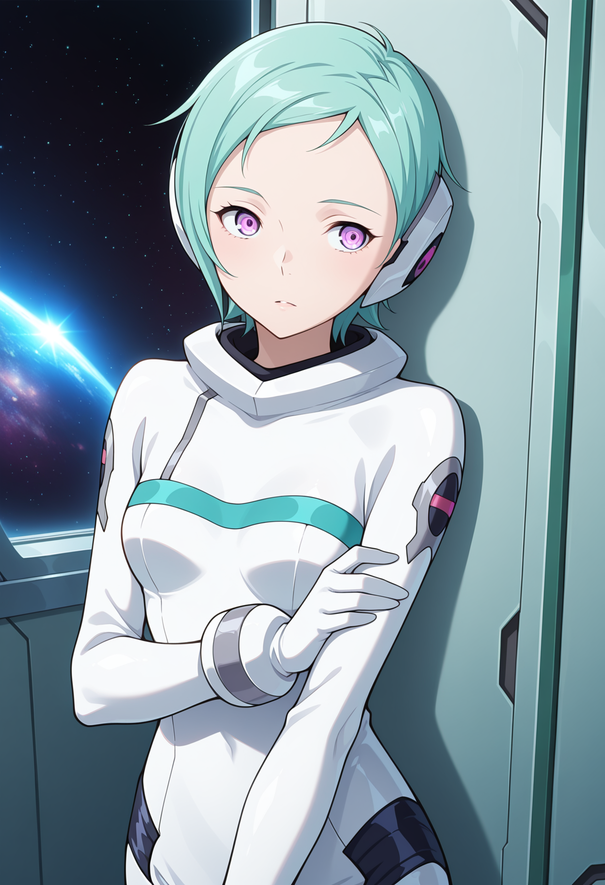 masterpiece, best quality, anime screenshot, anime, 1girl, solo, <lora:Eureka V7 [Illustrious] Eureka Seven:1>, Eur, purple eyes, aqua hair, short hair, headgear, white bodysuit, science fiction, indoors, hallway, space, against wall,