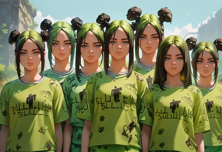 score_9, score_8_up, score_7_up, score_6_up, absurdres. hires, masterpiece, best quality, highres, zPDXL3, lineup, looking at viewer, closed mouth, expressionless, BillieSDXLv2,1girl,solo,shirt,black hair,green hair,shorts,hair bun,double bun,green t-shirt,print shirt,green shorts,lips,sprint shirt,cowboy shot,green nails,short sprint,multicolored hair,two-tone hair BREAK outdoors <lora:billie:1> <lora:girls_lineup_pony:1>