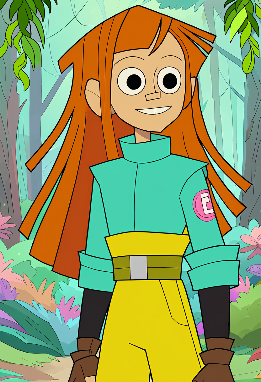 <lora:TwelveForever_Reggie_Pony:1.0>, reggie \(regular\), reggie, twelve forever, 1girl, solo, orange hair, long hair, black eyes, bangs, (smile:0.5), luminous forest, masterpiece, best quality, score_9, score_8_up, score_7_up