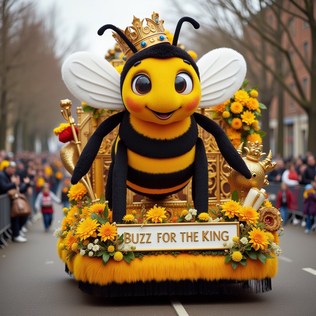 Realistic photograph capturing a vibrant, elaborate (bee wearing a crown) themed parade float including banner with text "BUZZ FOR THE KING"