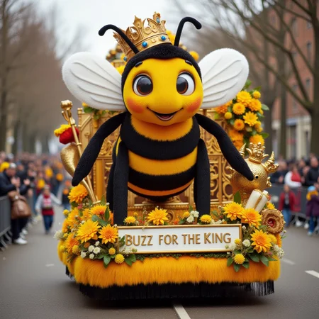 Realistic photograph capturing a vibrant, elaborate (bee wearing a crown) themed parade float including banner with text "BUZZ FOR THE KING"