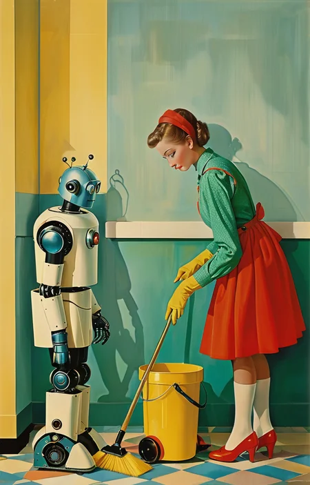 masterpiece,best quality,<lora:tbh370-sdxl:0.6>,illustration,style of Milton H. Greene portrait of Housework robots