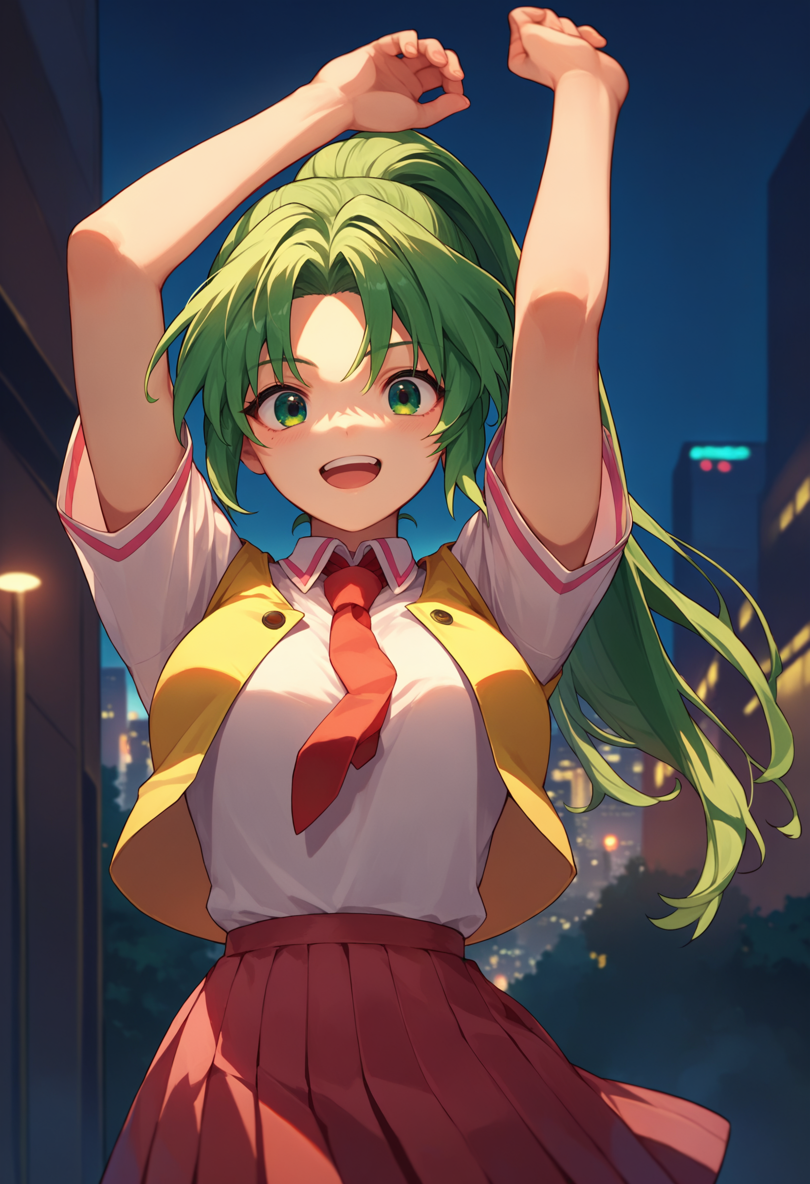 score_9, score_8_up, score_7_up, source_anime, Mion Sonozaki, green eyes, ponytail, white shirt, red necktie, yellow vest, red skirt, city, dusk, arms up,  <lora:MionCAME2-000008:1>