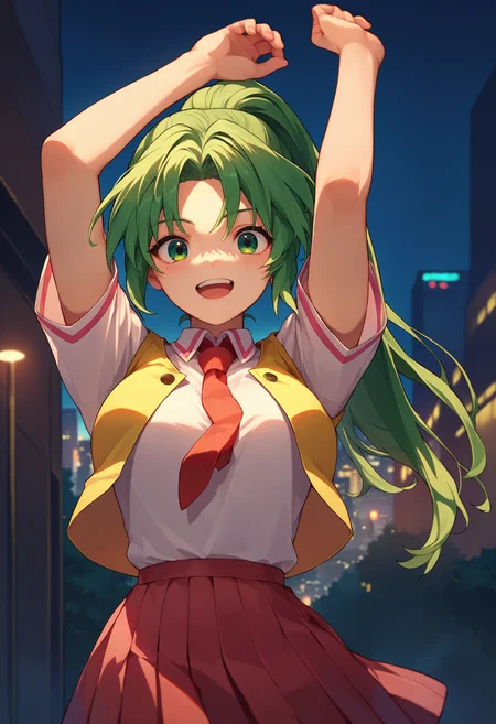 score_9, score_8_up, score_7_up, source_anime, Mion Sonozaki, green eyes, ponytail, white shirt, red necktie, yellow vest, red skirt, city, dusk, arms up, <lora:MionCAME2-000008:1>