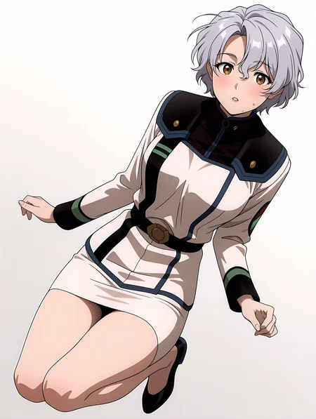 masterpiece,best quality,newest,
1girl,solo,
<lora:Sally_Saint_Ford_ilxl_v1.1:1>,s_s_f,grey hair,brown eyes,mole under mouth,s_clothes,pencil_skirt,
<lora:Fixhands_anime_bdsqlsz_V1:1>,light_blush,cinematic_angle,looking_at_viewer,jumping,full body,parted lips,sweatdrop,white_background,simple_background,dynamic_angle,surprised,