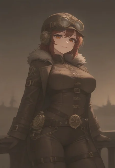 masterpiece, best quality, medium breasts, (curvy), ,,, steampunk pirate captain, brass goggles, weathered leather coat, mechanical parrot, airship in the background, intricate steampunk accessories, rugged and confident poseBREAK, 1girl, solo, smile, looking at viewer, cowboy shot, <lora:AfrobullIXL_v1:1.0>,