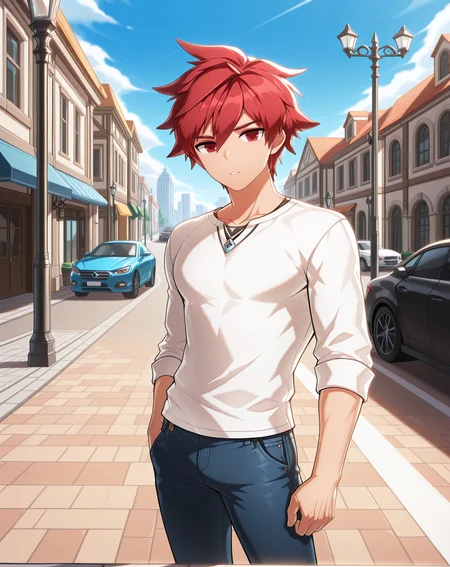 masterpiece,best quality,amazing quality, newest, very aesthetic, absurdres,
1boy, solo, yaoi, male focus, looking at viewer, cowboy shot, standing,
<lora:Elsword_Knight_Emperor_ilxl:1> elswordke, red hair, red eyes,
white shirt, jeans, sneakers,
outdoors, day, blue sky, building, street, road, lamppost, car,