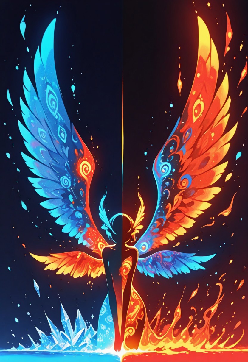 1 girl , magic pattern , close up , blue glow , neon theme , red theme , blue theme , fire theme ,ice theme , (theme split , split screen :1.3) , feather wings , big wings , glowing feather , 
masterpiece, best quality ,amazing quality ,Bright_illu ,psyc0d3l1c ,Protoneon , sometyome_illu ,